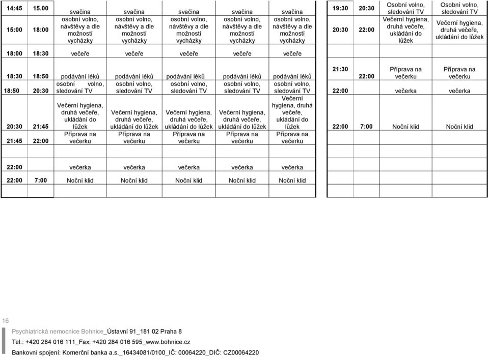 osobní volno, návštěvy a dle možností vycházky osobní volno, návštěvy a dle možností vycházky 19:30 20:30 20:30 22:00 Osobní volno, sledování TV ukládání do lůžek Osobní volno, sledování TV ukládání