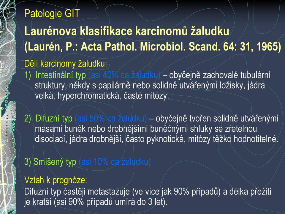 ložisky, jádra velká, hyperchromatická, časté mitózy.