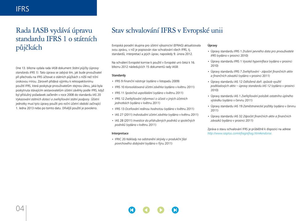 Zároveň přidává výjimku k retrospektivnímu použití IFRS, která poskytuje prvouživatelům stejnou úlevu, jaká byla poskytnuta stávajícím sestavovatelům účetní závěrky podle IFRS, když byl příslušný