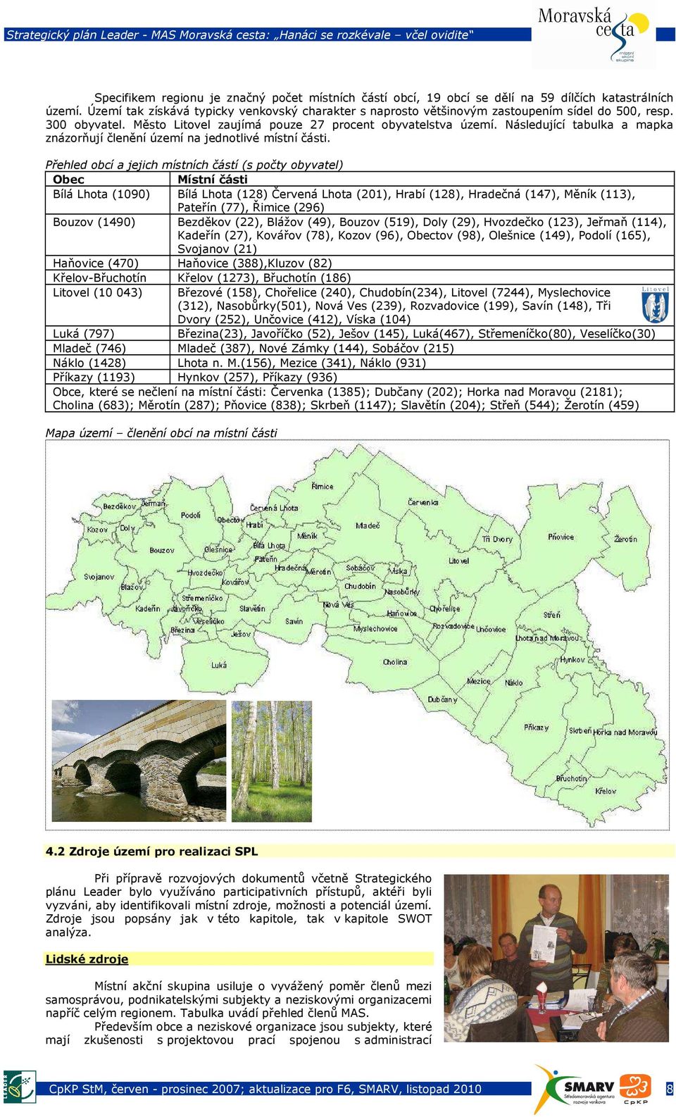 Následující tabulka a mapka znázorňují členění území na jednotlivé místní části.