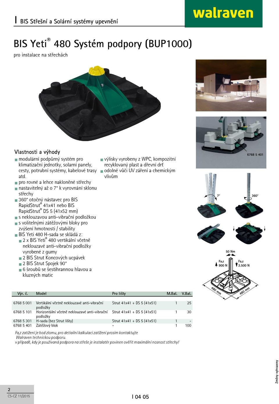 vlivům pro rovné a lehce nakloněné střechy nastavitelný až o 7 k vyrovnání sklonu střechy 360 otočný nástavec pro BIS RapidStrut 4x4 nebo BIS RapidStrut DS 5 (4x52 mm) s neklouzavou anti-vibrační