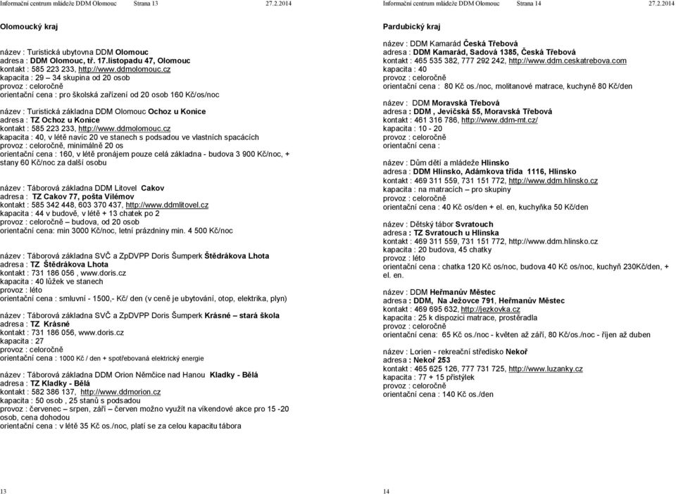 cz kapacita : 29 34 skupina od 20 osob pro školská zařízení od 20 osob 160 Kč/os/noc název : Turistická základna DDM Olomouc Ochoz u Konice adresa : TZ Ochoz u Konice kontakt : 585 223 233,