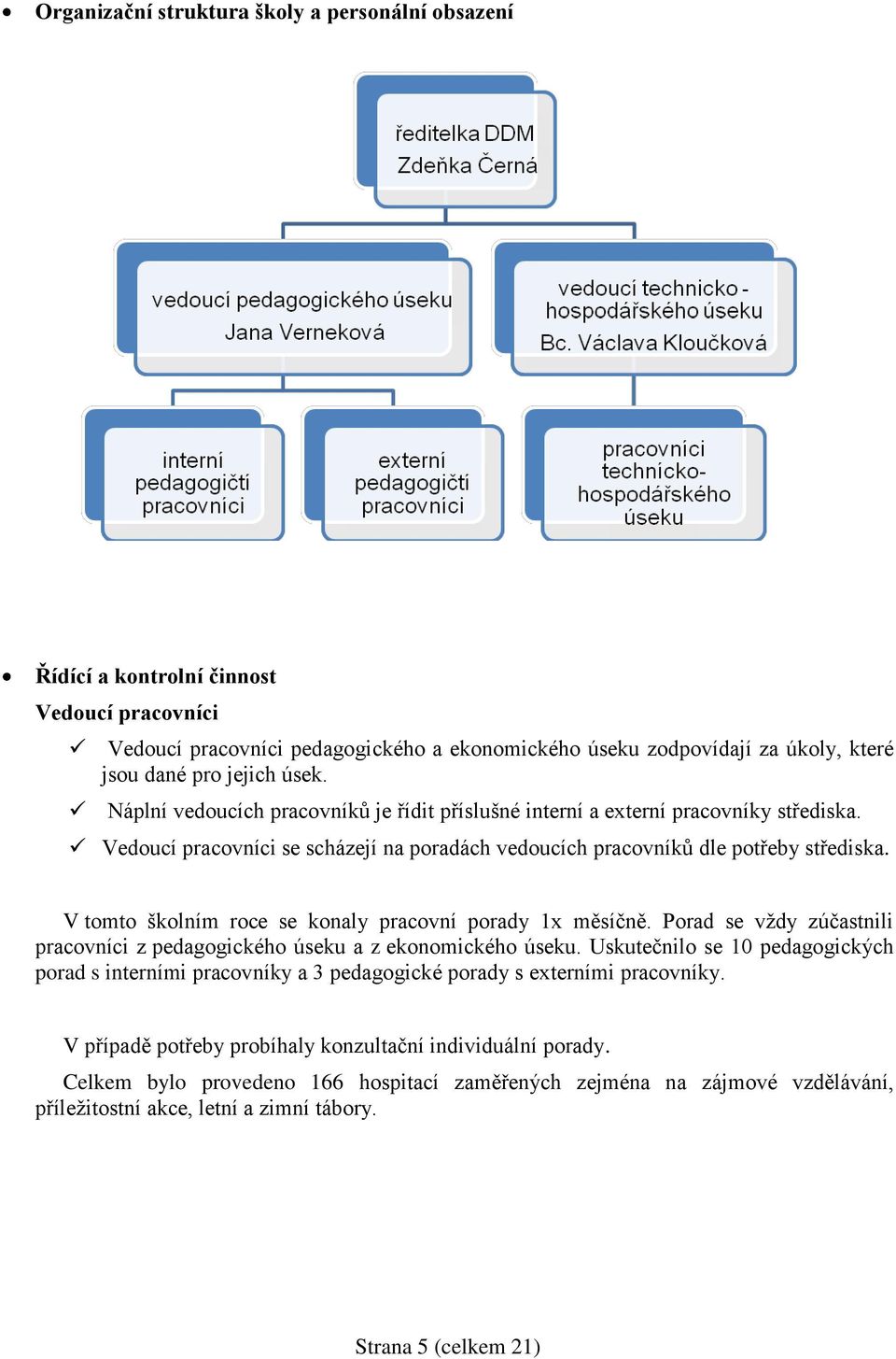 V tomto školním roce se konaly pracovní porady 1x měsíčně. Porad se vždy zúčastnili pracovníci z pedagogického úseku a z ekonomického úseku.