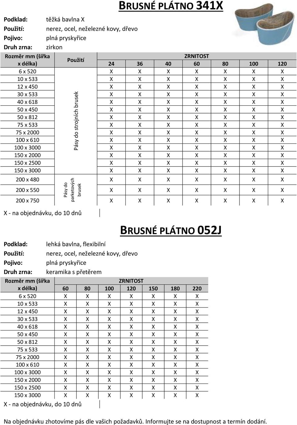 X 150 x 2500 X X X X X X X 150 x 3000 X X X X X X X 200 x 480 Pásy do strojních brusek Pásy do parketových brusek X X X X X X X 200 x 550 X X X X X X X 200 x 750 X X X X X X X BRUSNÉ PLÁTNO 052J