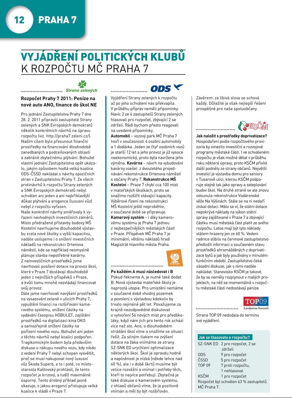 . 2. 2011 připravili zastupitelé Strany zelených a SNK Evropských demokratů několik konkrétních návrhů na úpravu rozpočtu (viz http://praha7.zeleni.cz/).