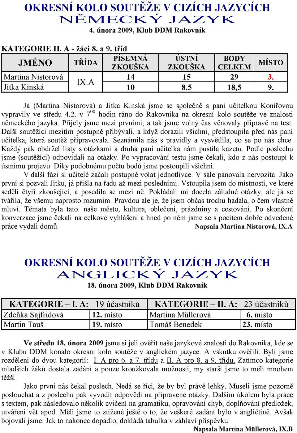 Já (Martina Nistorová) a Jitka Kinská jsme se společně s paní učitelkou Konířovou vypravily ve středu 4.2. v 7 00 hodin ráno do Rakovníka na okresní kolo soutěţe ve znalosti německého jazyka.