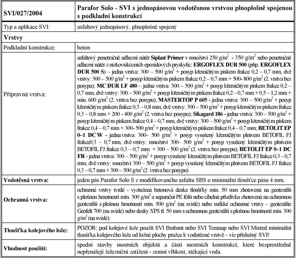 ERGOFLEX DUR 500 S) jedna vrstva: 300 500 g/m 2 + posyp křemičitým pískem frakce 0,2 0,7 mm, dvě vrstvy: 300 500 g/m 2 + posyp křemičitým pískem frakce 0,2 0,7 mm + 500-800 g/m 2 (2.