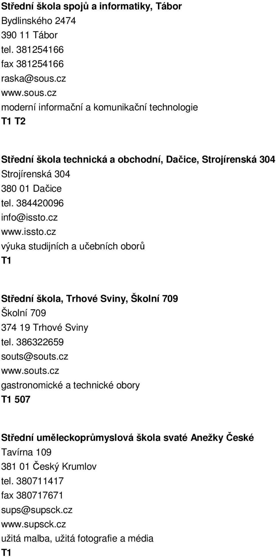 384420096 info@issto.cz www.issto.cz výuka studijních a učebních oborů Střední škola, Trhové Sviny, Školní 709 Školní 709 374 19 Trhové Sviny tel.