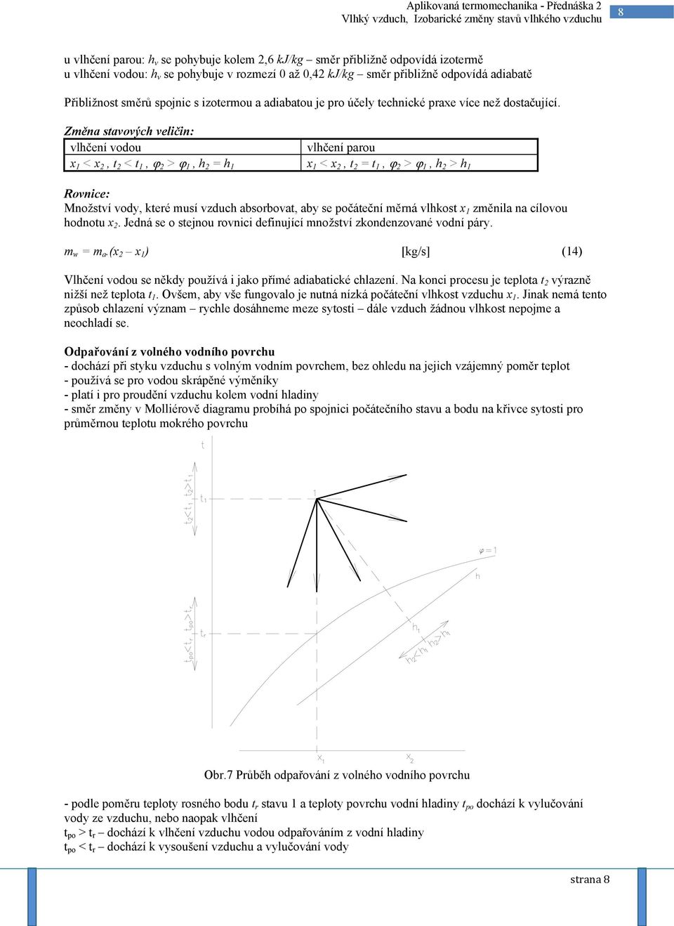 Změna stavových veličin: vlhčení vodou vlhčení arou x < x 2, t 2 < t, ϕ 2 > ϕ, h 2 = h x < x 2, t 2 = t, ϕ 2 > ϕ, h 2 > h Rovnice: Množství vody, které musí vzduch absorbovat, aby se očáteční měrná