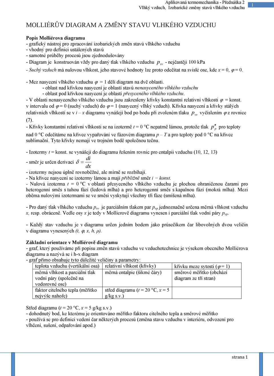 x = 0, ϕ = 0. - Mez nasycení vlhkého vzduchu ϕ = dělí diagram na dvě oblasti.