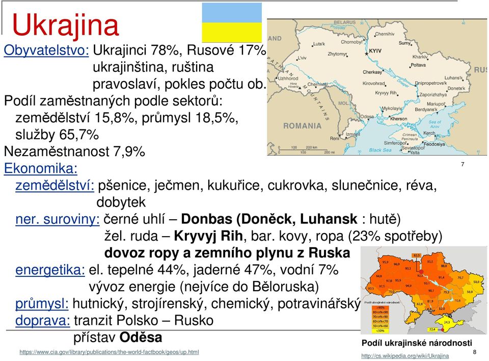 suroviny: černé uhlí Donbas (Doněck, Luhansk : hutě) žel. ruda Kryvyj Rih, bar. kovy, ropa (23% spotřeby) dovoz ropy a zemního plynu z Ruska energetika: el.