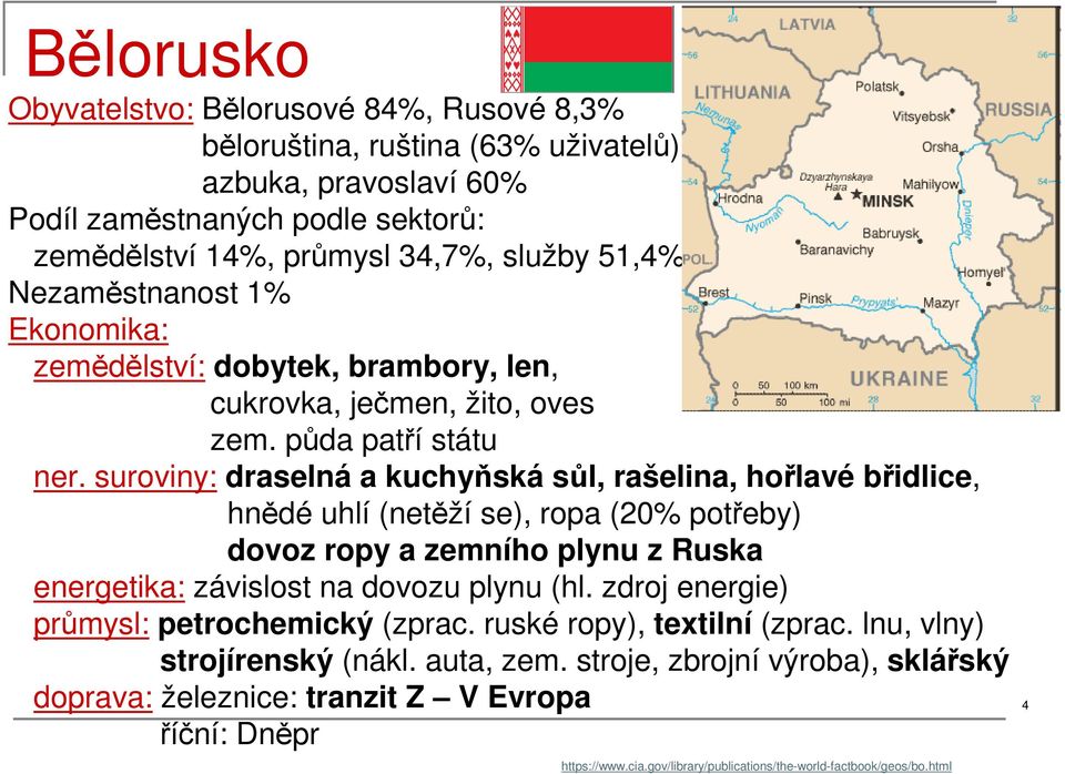 suroviny: draselná a kuchyňská sůl, rašelina, hořlavé břidlice, hnědé uhlí (netěží se), ropa (20% potřeby) dovoz ropy a zemního plynu z Ruska energetika: závislost na dovozu plynu (hl.