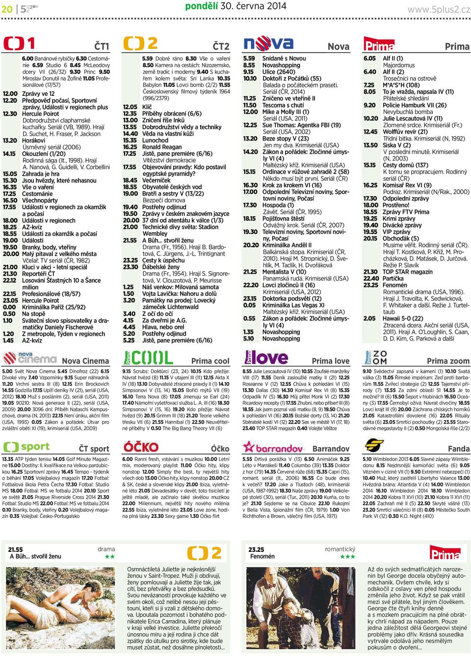 Suchet, H. Fraser, P. Jackson 13.20 Horákovi Úsměvný seriál (2006) 14.15 Okouzlení (1/20) Rodinná sága (It., 1998). Hrají A. Nanová, G. Guidelli, V. Corbellini 15.05 Zahrada je hra 15.