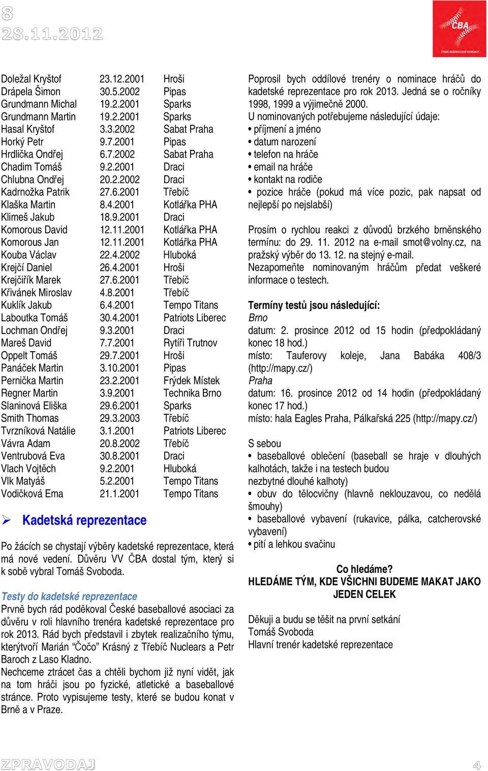 11.2001 Kotlářka PHA Komorous Jan 12.11.2001 Kotlářka PHA Kouba Václav 22.4.2002 Hluboká Krejčí Daniel 26.4.2001 Hroši Krejčiřík Marek 27.6.2001 Třebíč Křivánek Miroslav 4.8.