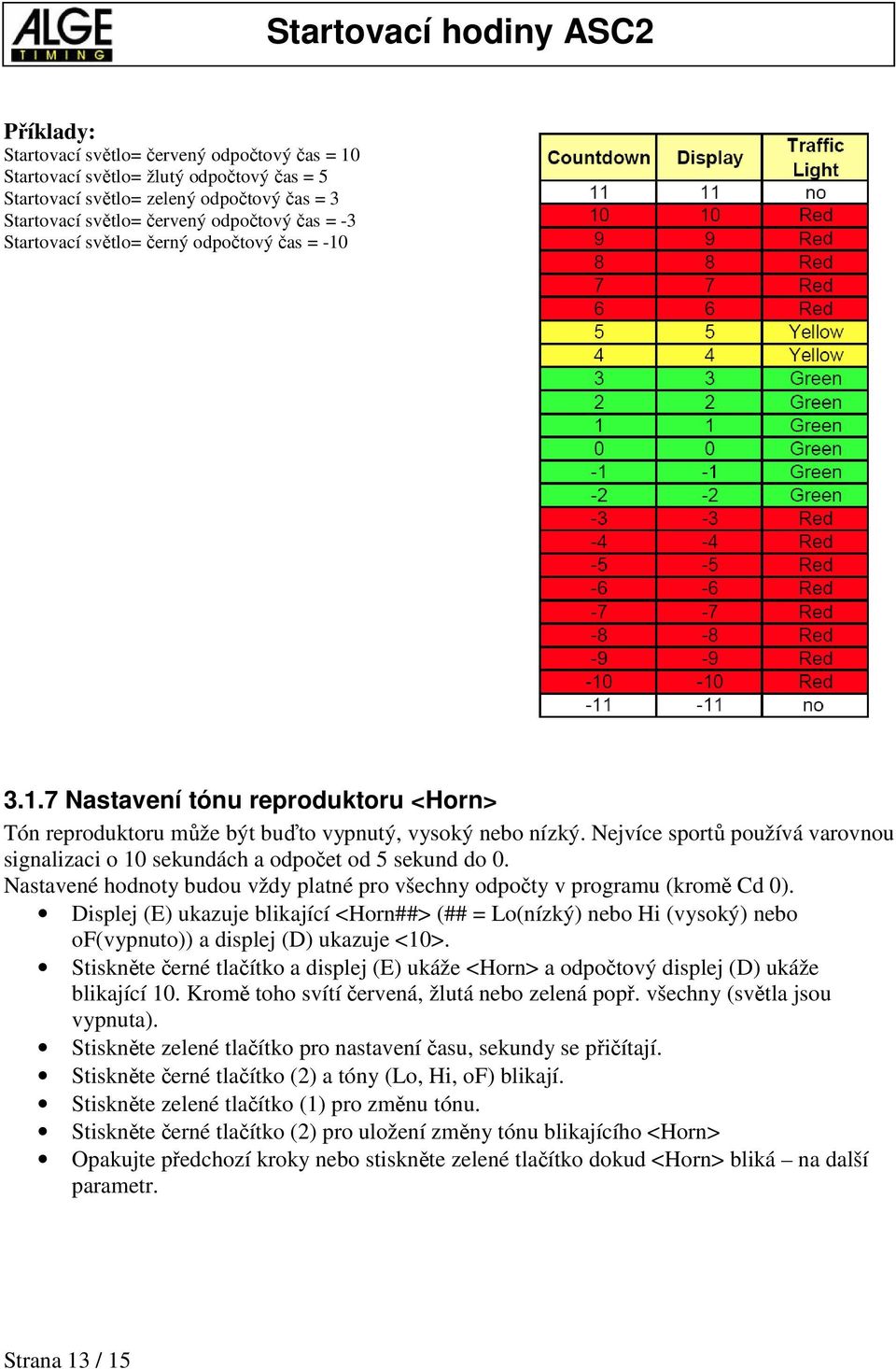 Nejvíce sportů používá varovnou signalizaci o 10 sekundách a odpočet od 5 sekund do 0. Nastavené hodnoty budou vždy platné pro všechny odpočty v programu (kromě Cd 0).