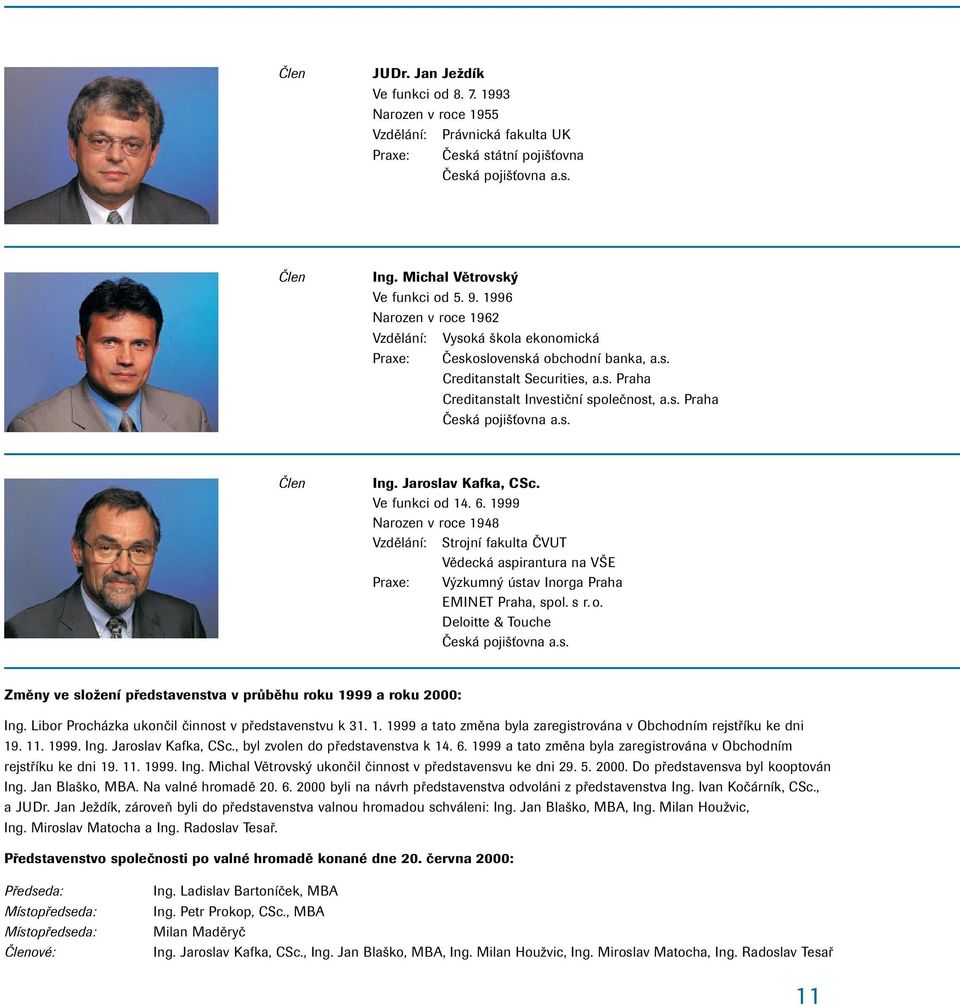 s. Člen Ing. Jaroslav Kafka, CSc. Ve funkci od 14. 6. 1999 Narozen v roce 1948 Vzdělání: Strojní fakulta ČVUT Vědecká aspirantura na VŠE Praxe: Výzkumný ústav Inorga Praha EMINET Praha, spol. s r. o. Deloitte & Touche Česká pojišťovna a.