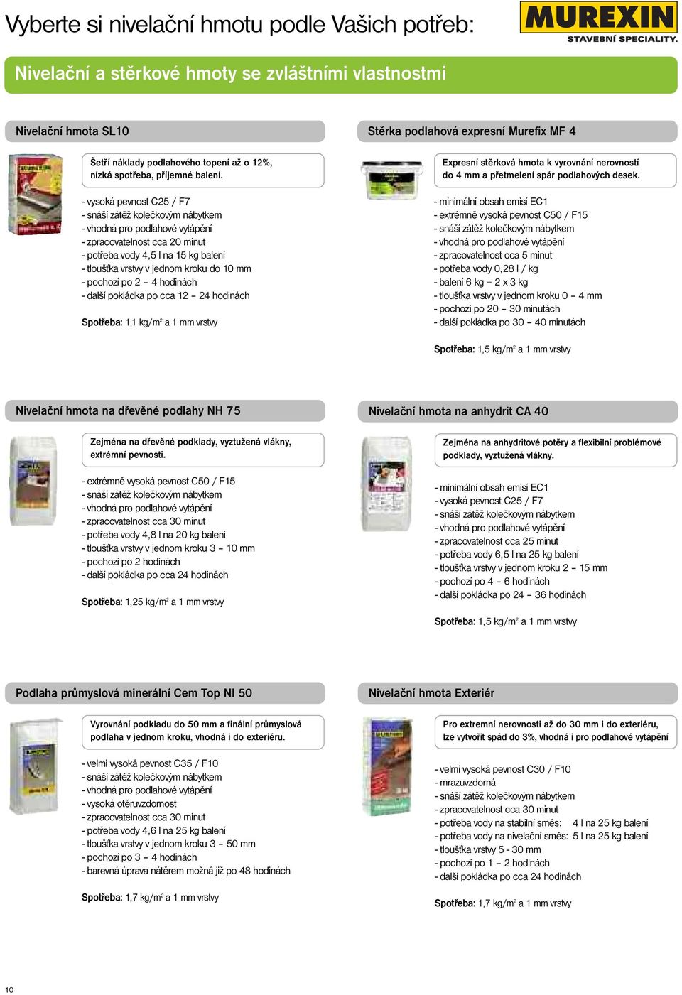 hodinách Spotřeba: 1,1 kg/m 2 a 1 mm vrstvy Stěrka podlahová expresní Murefix MF 4 Expresní stěrková hmota k vyrovnání nerovností do 4 mm a přetmelení spár podlahových desek.