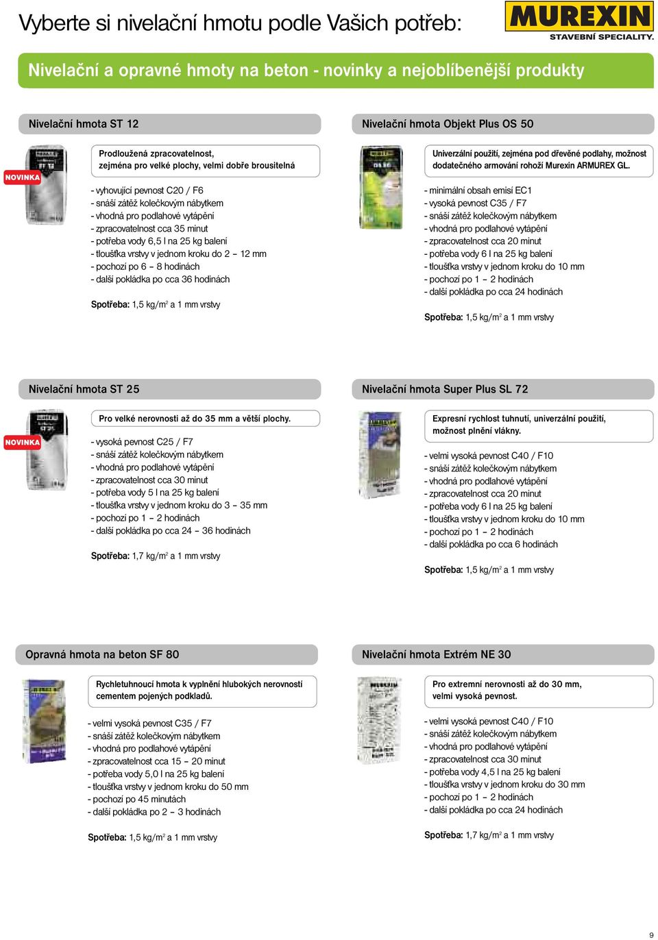 do 2 12 mm - pochozí po 6 8 hodinách - další pokládka po cca 36 hodinách Univerzální použití, zejména pod dřevěné podlahy, možnost dodatečného armování rohoží Murexin ARMUREX GL.