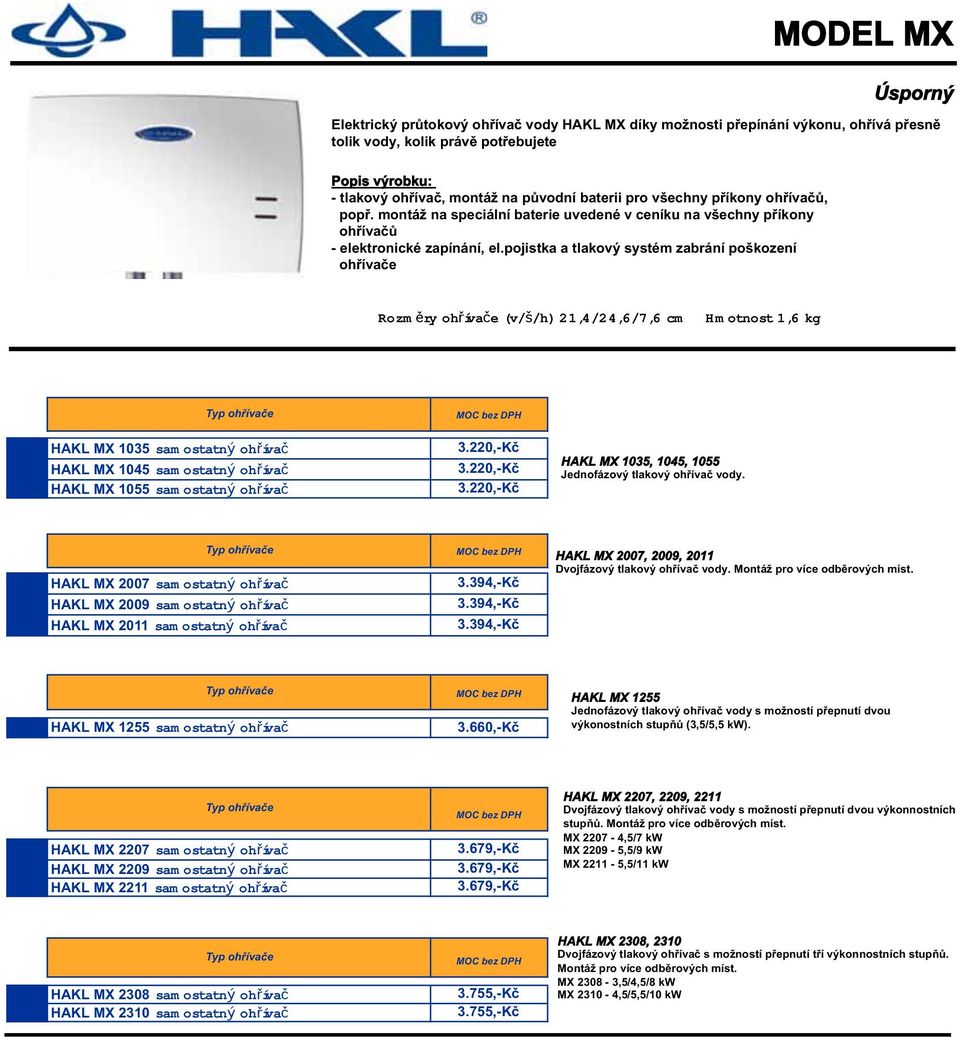pojistka a tlakový systém zabrání poškození ohřívače Rozměry ohřívače (v/š/h) 21,4/24,6/7,6 cm Hmotnost 1,6 kg HAKL MX 1035 samostatný ohřívač HAKL MX 1045 samostatný ohřívač HAKL MX 1055 samostatný
