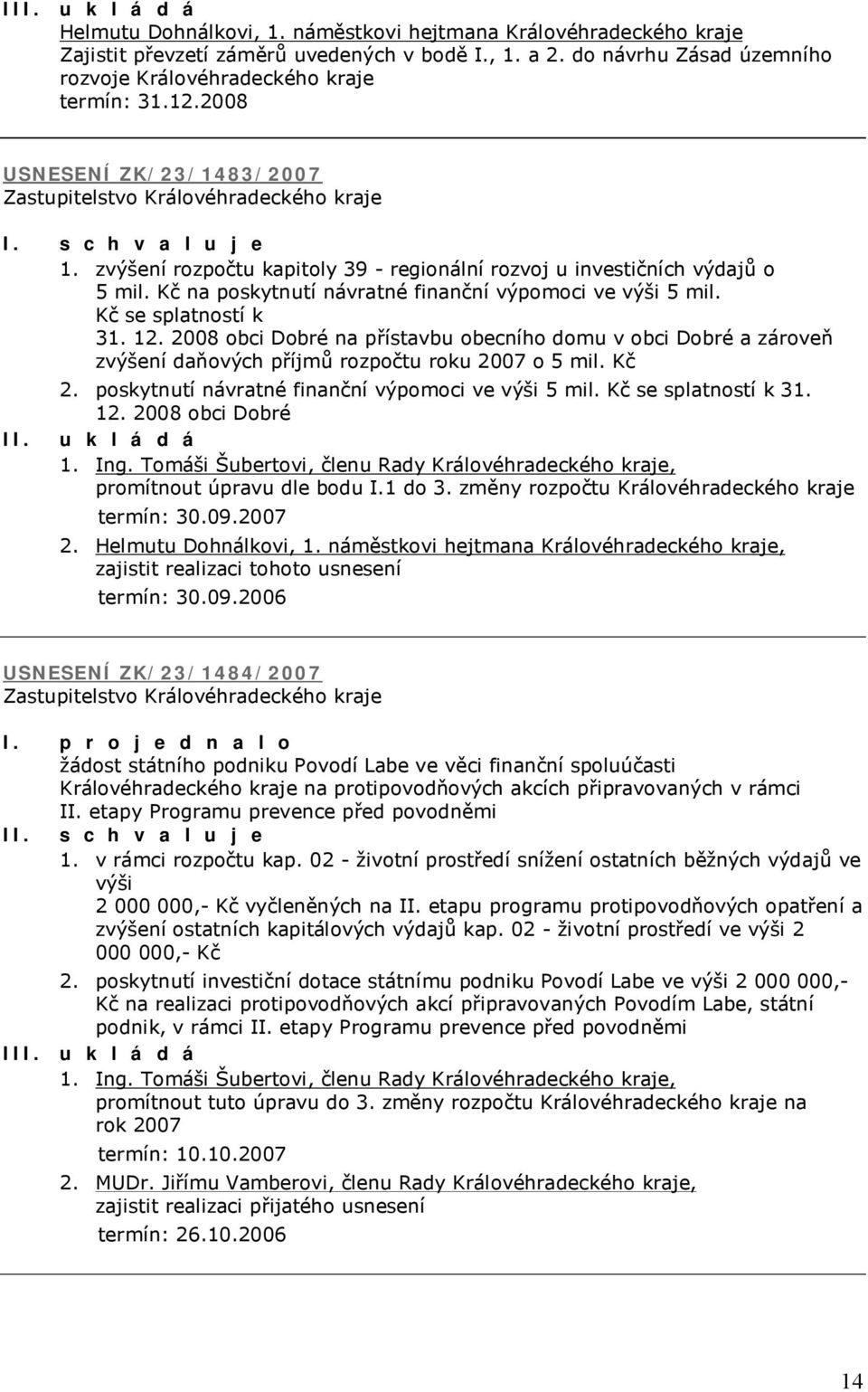 2008 obci Dobré na přístavbu obecního domu v obci Dobré a zároveň zvýšení daňových příjmů rozpočtu roku 2007 o 5 mil. Kč 2. poskytnutí návratné finanční výpomoci ve výši 5 mil. Kč se splatností k 31.