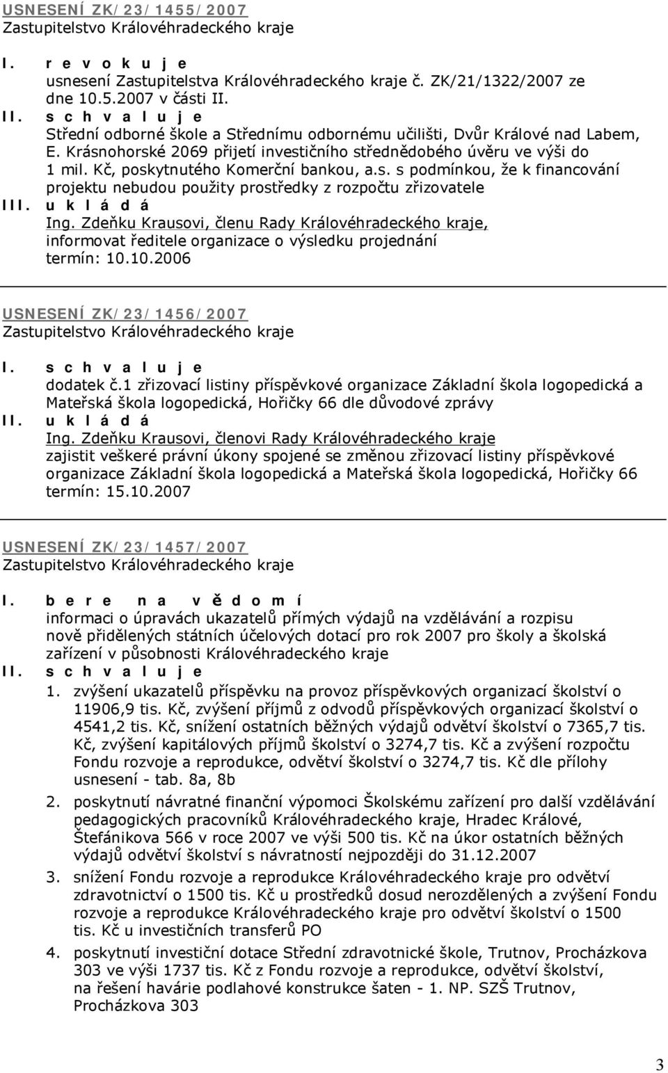 Zdeňku Krausovi, členu Rady Královéhradeckého kraje, informovat ředitele organizace o výsledku projednání termín: 10.10.2006 USNESENÍ ZK/23/1456/2007 dodatek č.