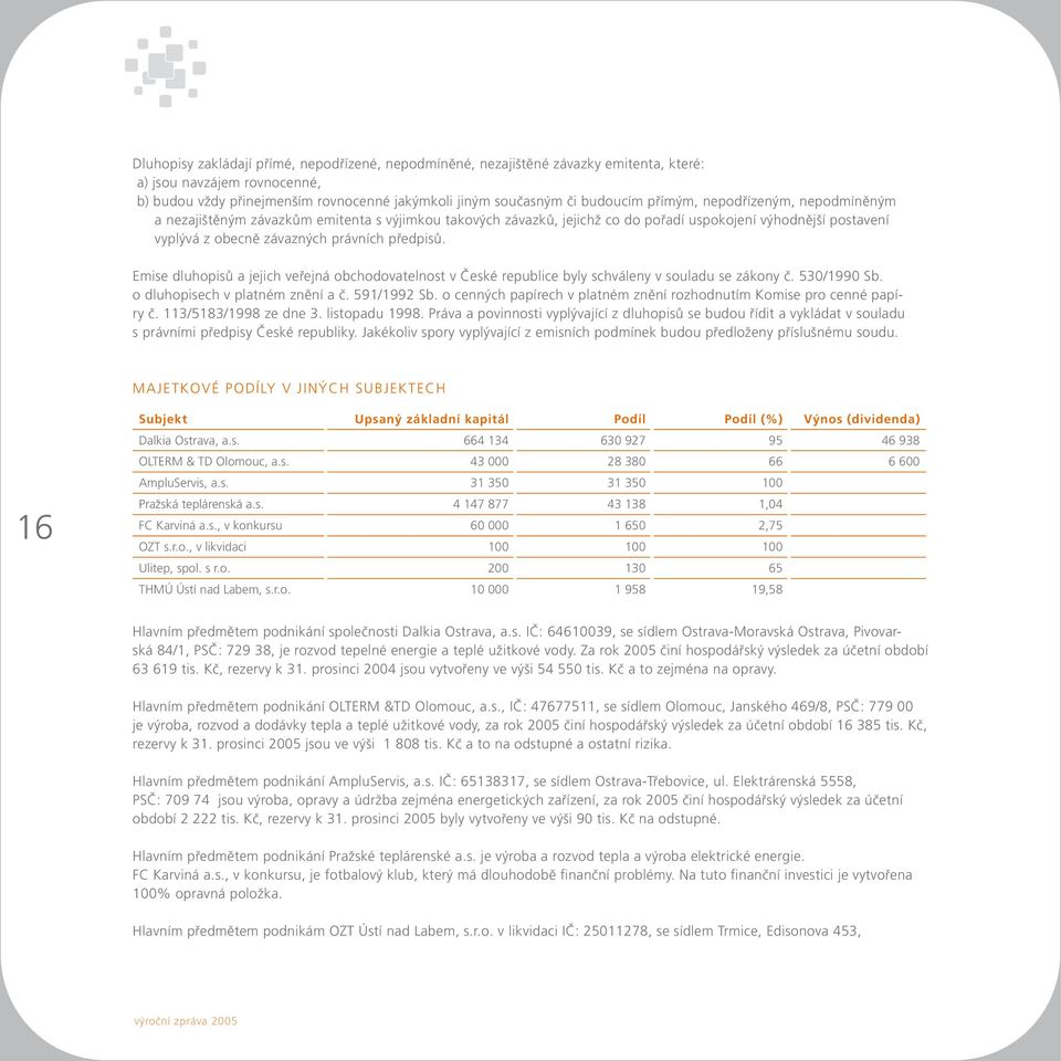 Emise dluhopisů a jejich veřejná obchodovatelnost v České republice byly schváleny v souladu se zákony č. 530/1990 Sb. o dluhopisech v platném znění a č. 591/1992 Sb.