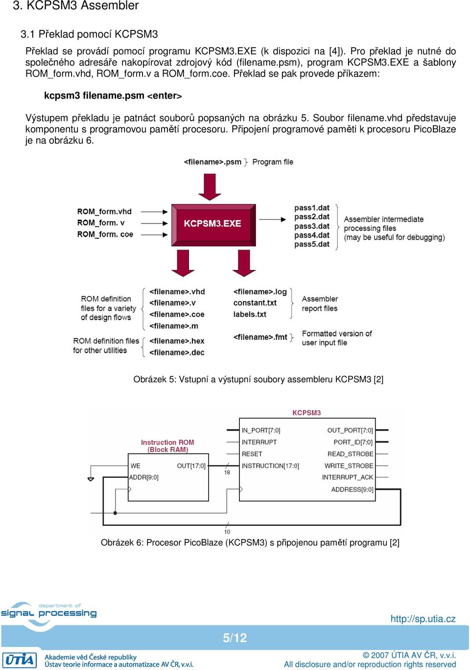 Překlad se pak provede příkazem: kcpsm3 filename.psm <enter> Výstupem překladu je patnáct souborů popsaných na obrázku 5. Soubor filename.