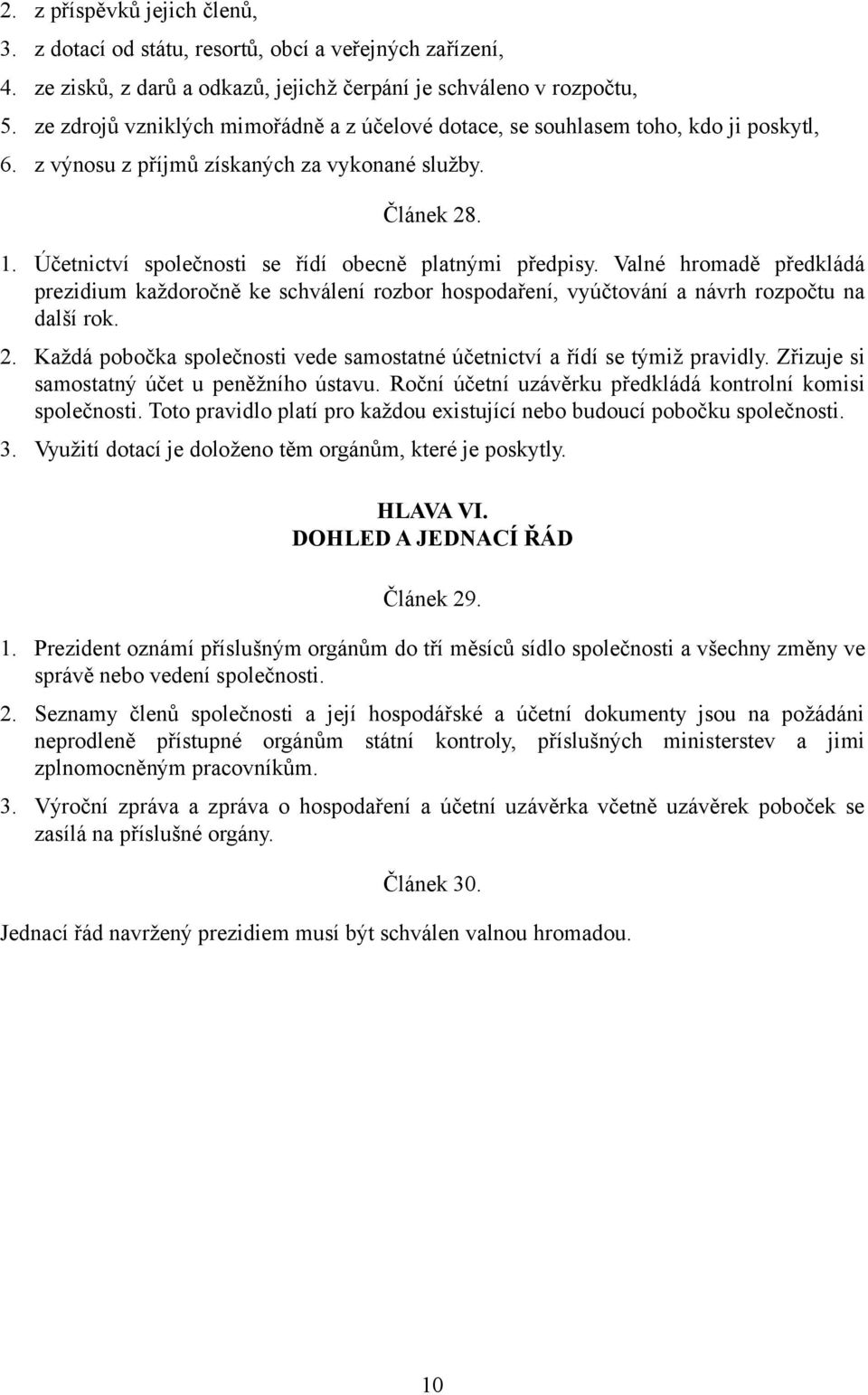 Účetnictví společnosti se řídí obecně platnými předpisy. Valné hromadě předkládá prezidium každoročně ke schválení rozbor hospodaření, vyúčtování a návrh rozpočtu na další rok. 2.
