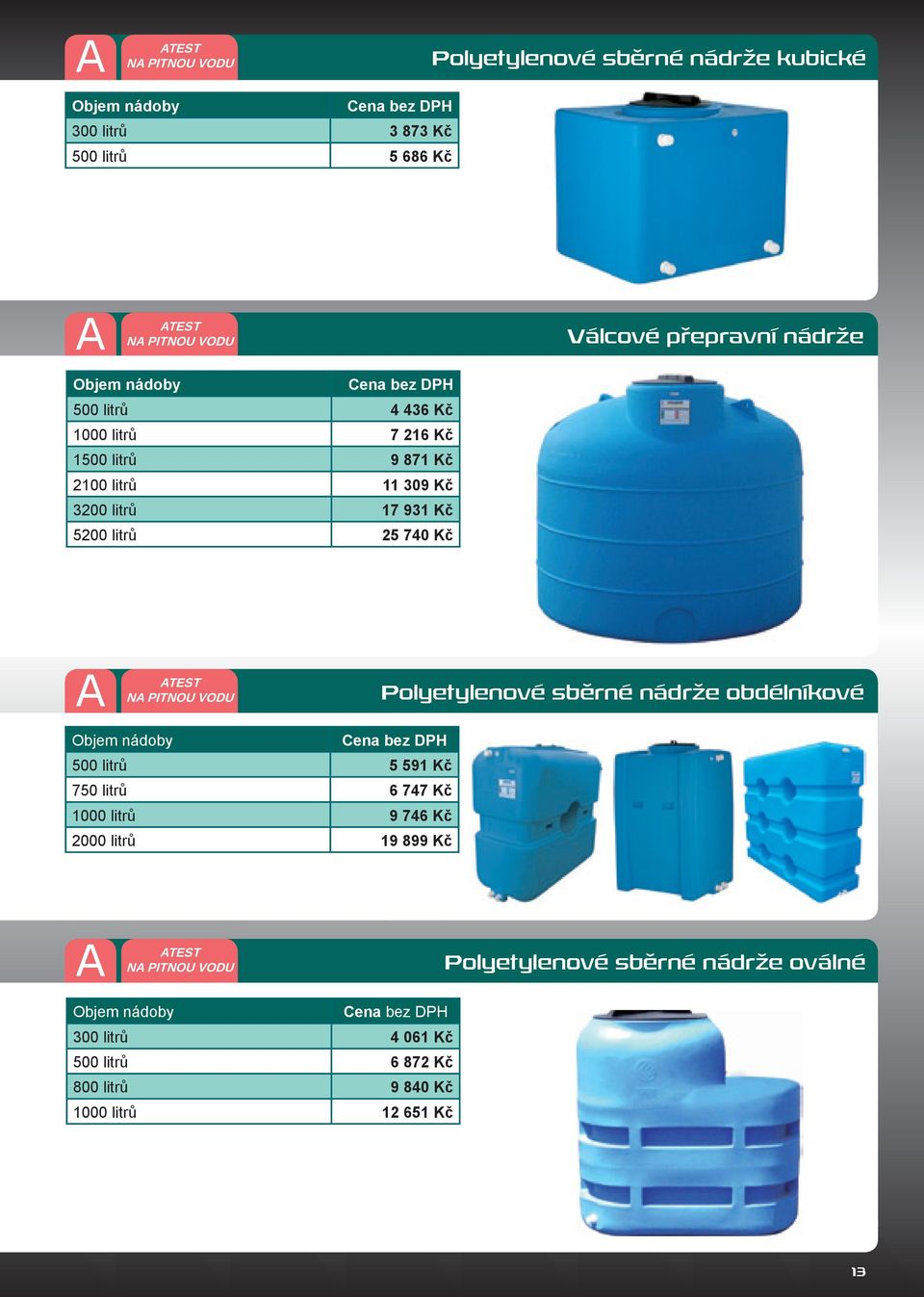 Kč A ATEST NA PITNOU VODU Polyetylenové sběrné nádrže obdélníkové Objem nádoby 500 litrů 5 591 Kč 750 litrů 6 747 Kč 1000 litrů 9 746 Kč 2000 litrů