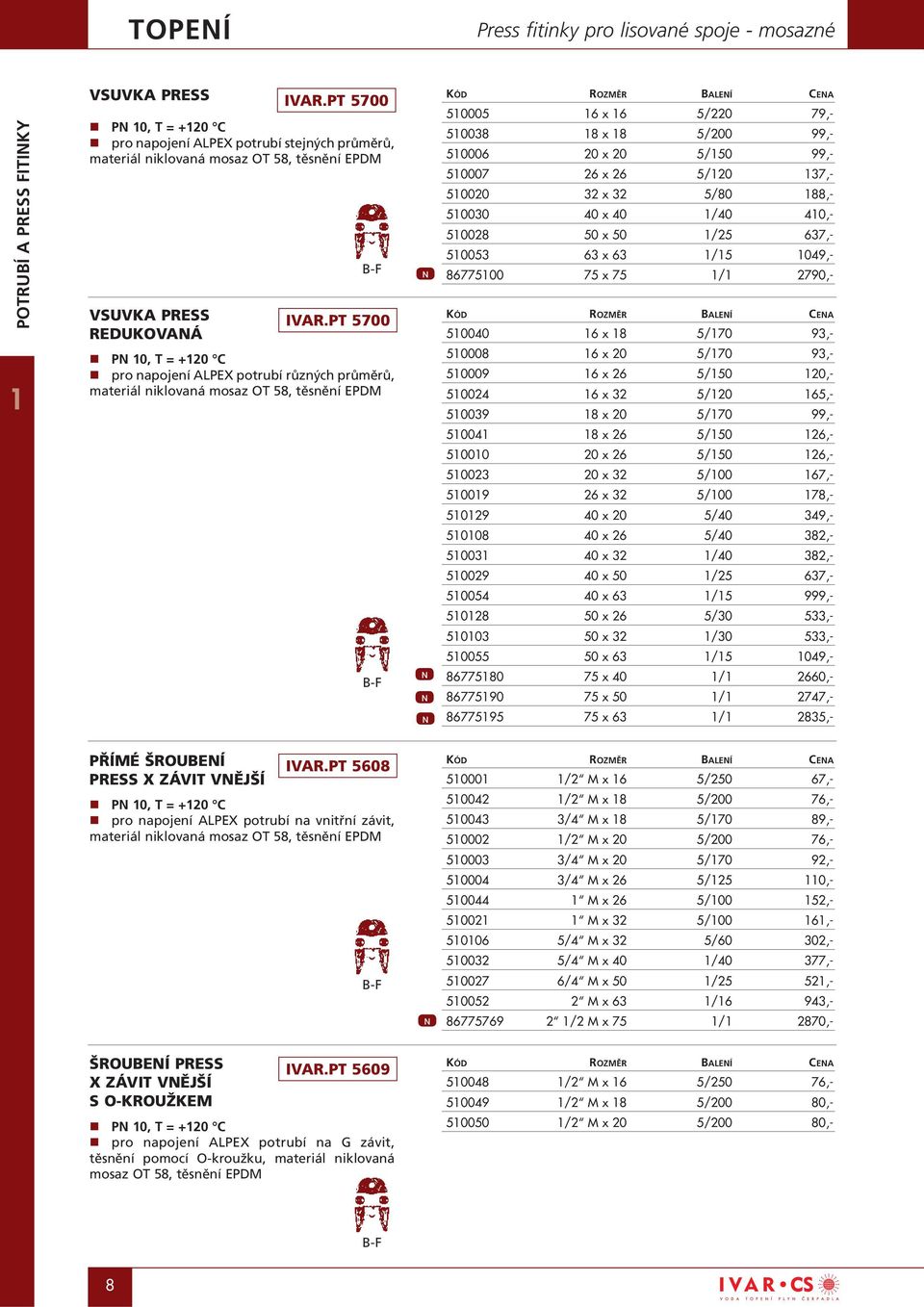 PT 5700 P 10, T = +120 C pro napojení ALPEX potrubí různých průměrů, materiál niklovaná mosaz OT 58, těsnění EPDM B-F 510005 16 x 16 5/220 79,- 510038 18 x 18 5/200 99,- 510006 20 x 20 5/150 99,-