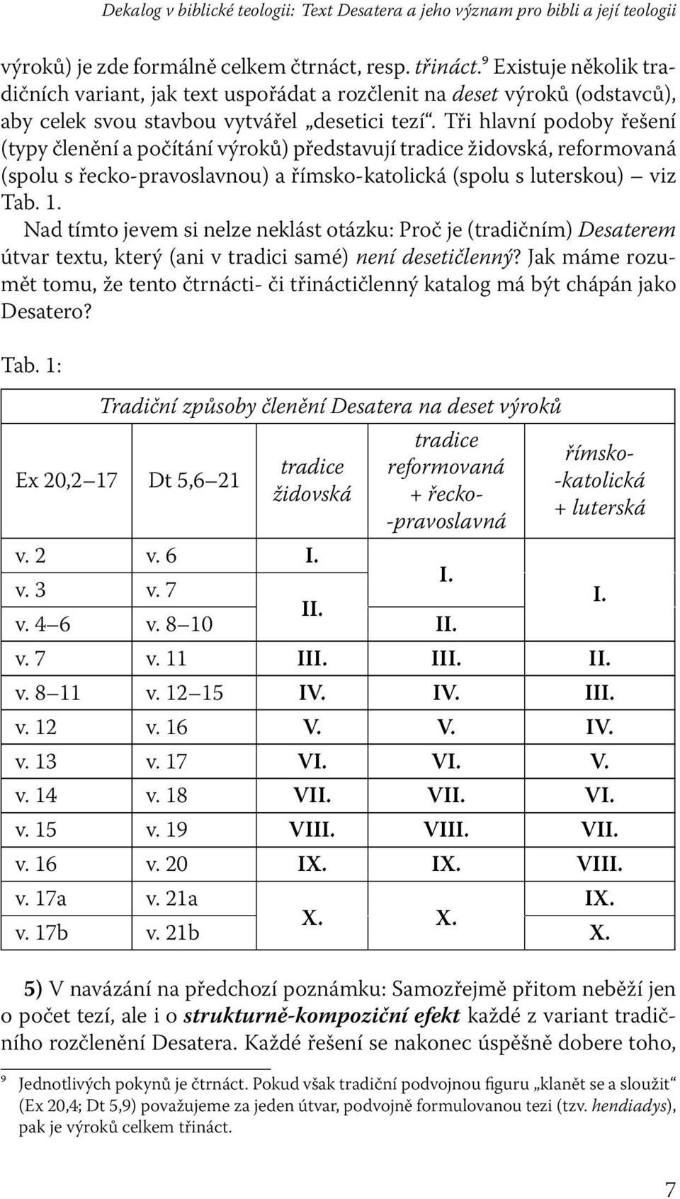 Tři hlavní podoby řešení (typy členění a počítání výroků) představují tradice židovská, reformovaná (spolu s řecko-pravoslavnou) a římsko-katolická (spolu s luterskou) viz Tab. 1.