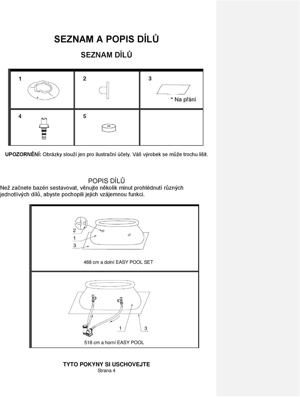 POPIS DÍLŮ Než začnete bazén sestavovat, věnujte několik minut prohlédnutí různých