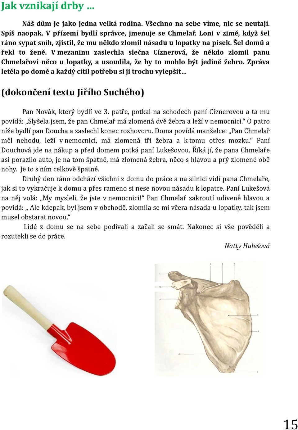 V mezaninu zaslechla slečna Cíznerová, že někdo zlomil panu Chmelařovi něco u lopatky, a usoudila, že by to mohlo být jedině žebro.