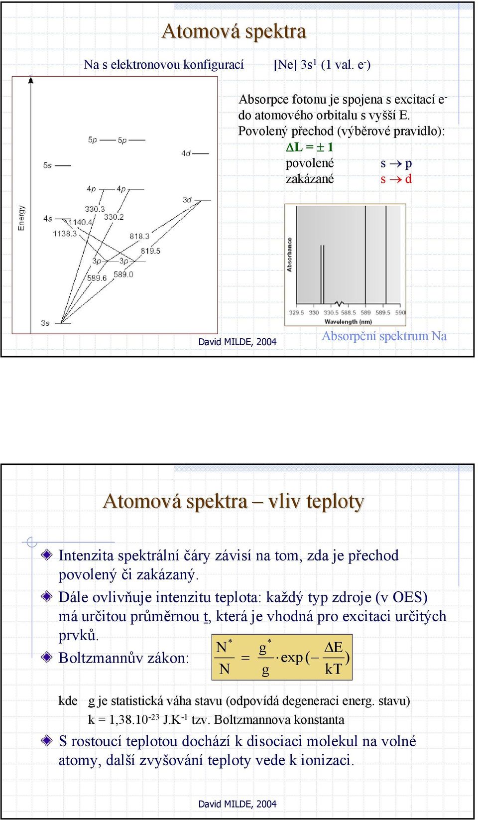 povolený či zakázaný. Dále ovlivňuje intenzitu teplota: každý typ zdroje (v OES) má určitou průměrnou t, která je vhodná pro excitaci určitých prvků.