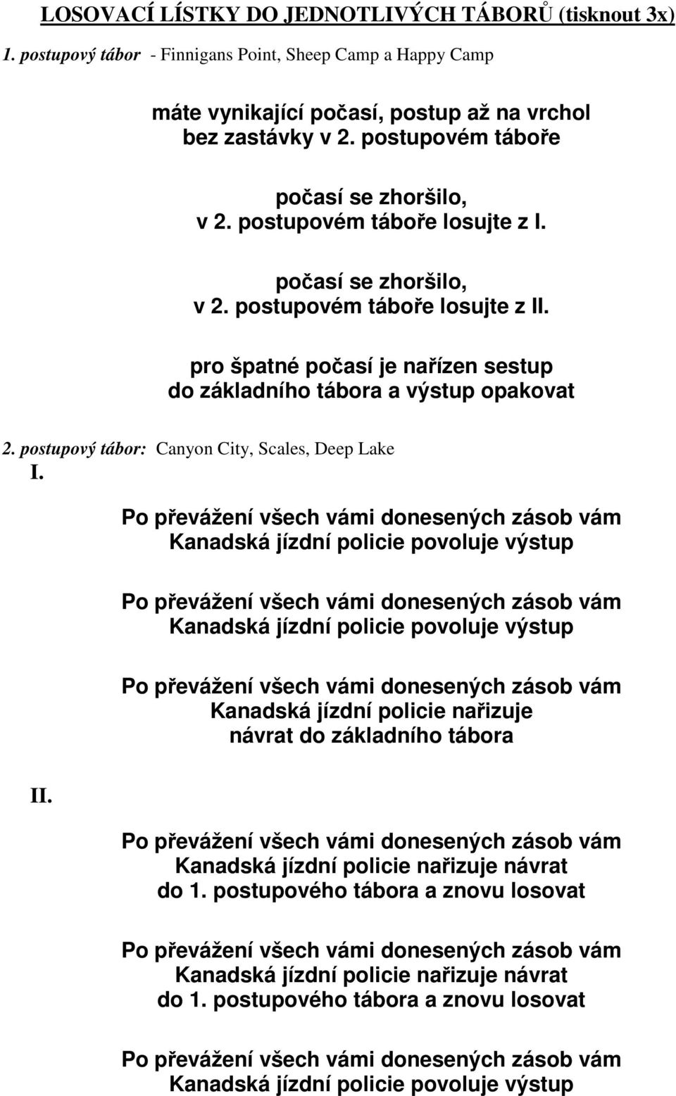 pro špatné počasí je nařízen sestup do základního tábora a výstup opakovat 2. postupový tábor: Canyon City, Scales, Deep Lake I.