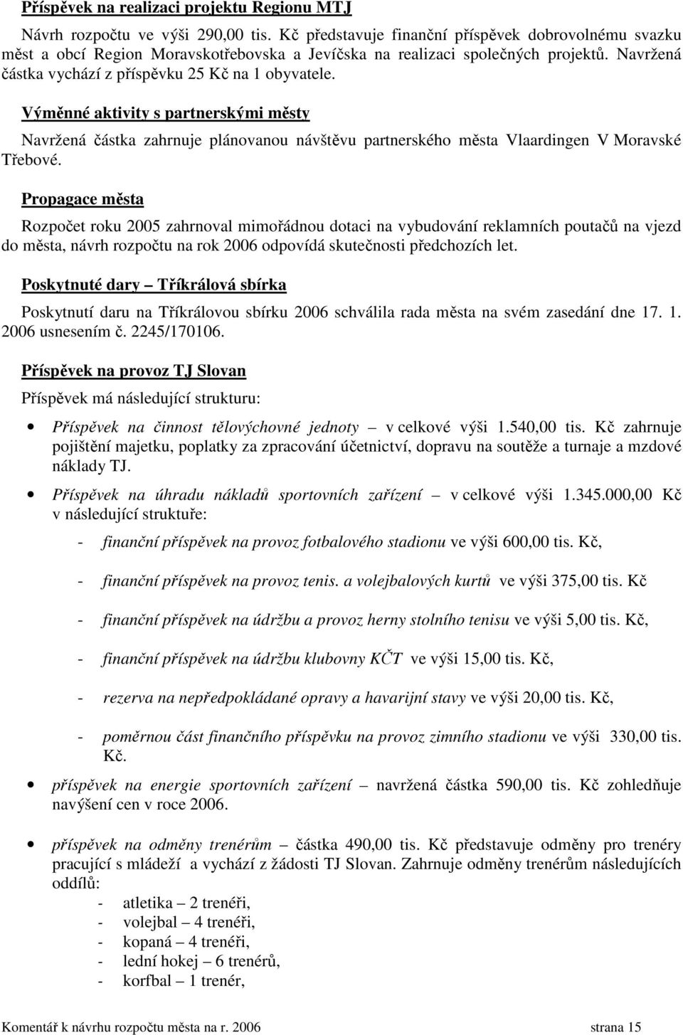 Výměnné aktivity s partnerskými městy Navržená částka zahrnuje plánovanou návštěvu partnerského města Vlaardingen V Moravské Třebové.