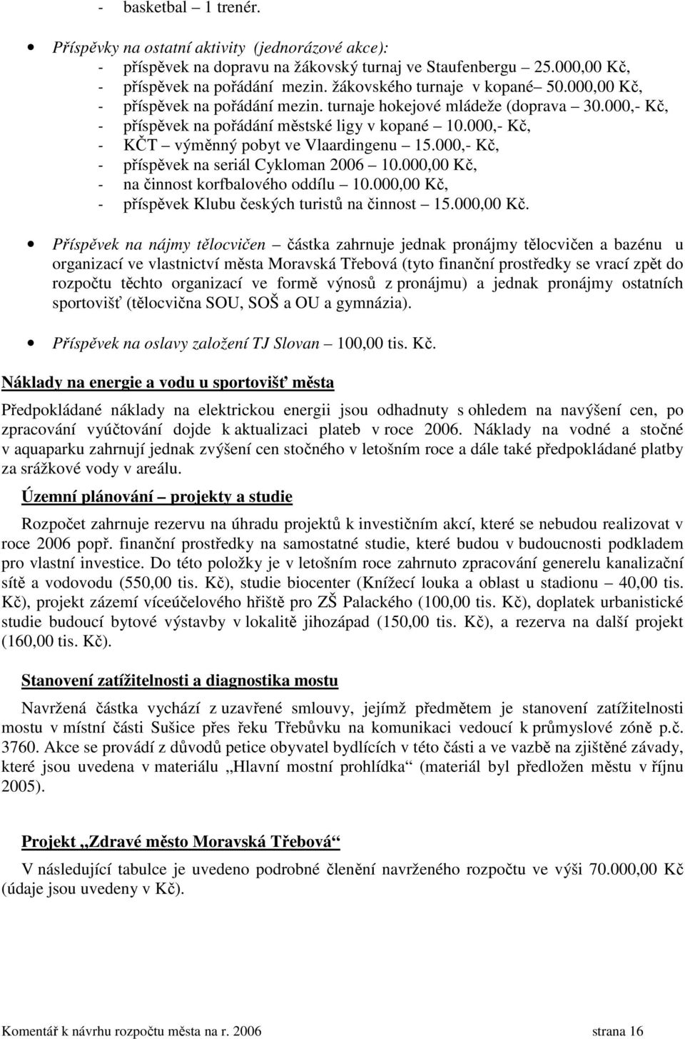 000,- Kč, - KČT výměnný pobyt ve Vlaardingenu 15.000,- Kč, - příspěvek na seriál Cykloman 2006 10.000,00 Kč, - na činnost korfbalového oddílu 10.