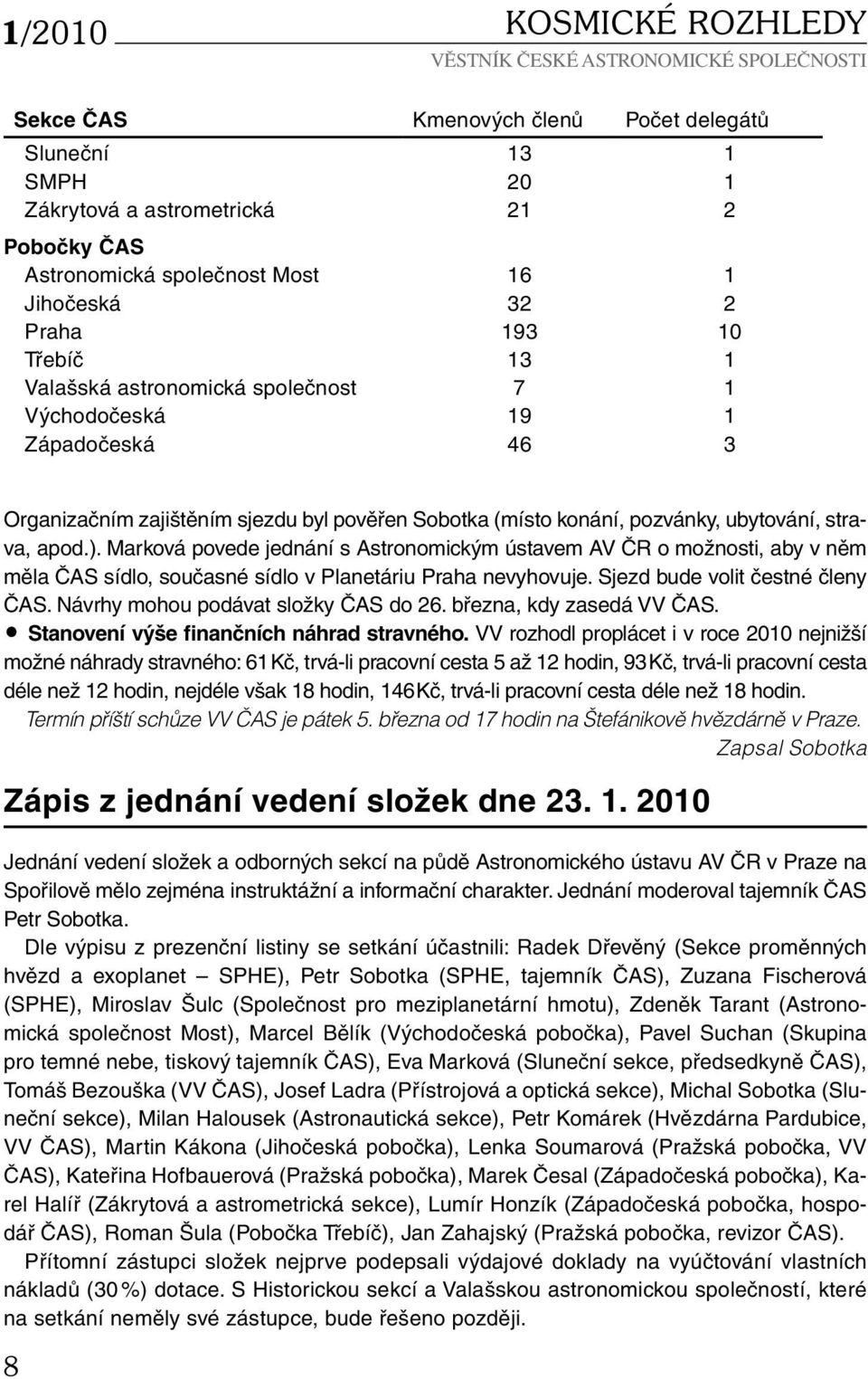 Marková povede jednání s Astronomickým ústavem AV ČR o možnosti, aby v něm měla ČAS sídlo, současné sídlo v Planetáriu Praha nevyhovuje. Sjezd bude volit čestné členy ČAS.