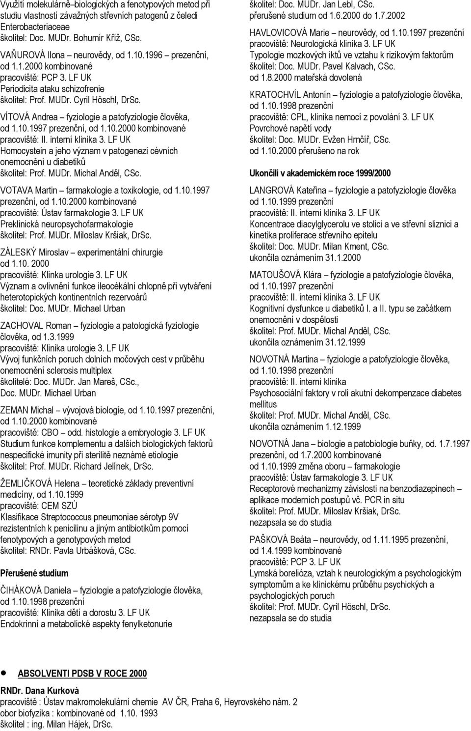 VÍTOVÁ Andrea fyziologie a patofyziologie člověka, od 1.10.1997 prezenční, od 1.10.2000 kombinované pracoviště: II. interní klinika 3.