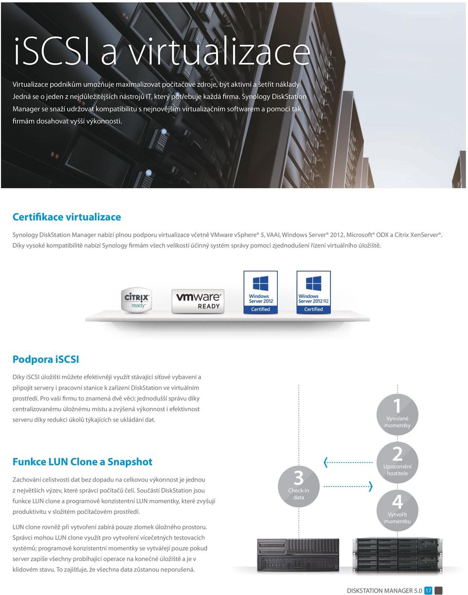 Certifikace virtualizace Synology DiskStation Manager nabízí plnou podporu virtualizace včetně VMware vsphere 5, VAAI, Windows Server 2012, Microsoft ODX a Citrix XenServer.