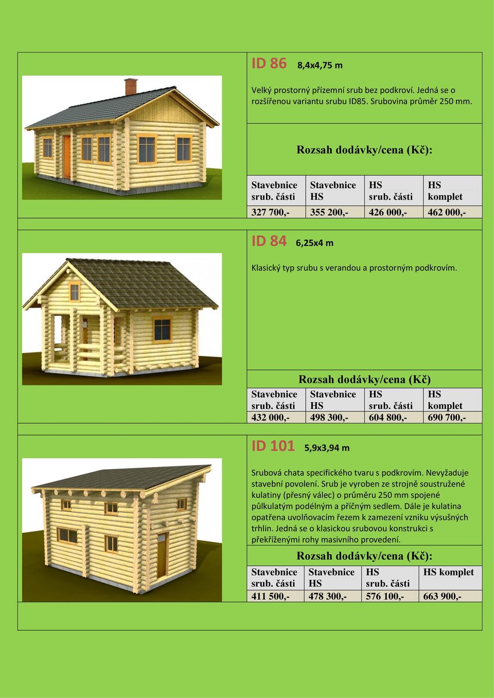 části komplet 432 000,- 498 300,- 604 800,- 690 700,- ID 101 5,9x3,94 m Srubová chata specifického tvaru s podkrovím. Nevyžaduje stavební povolení.