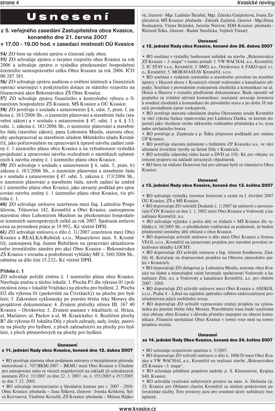 55/ ZO schvaluje zprávu o čerpání rozpočtu obce Kvasice za rok 2006 a schvaluje zprávu o výsledku přezkoumání hospodaření územního samosprávného celku Obce Kvasice za rok 2006. IČO 00 287 385.