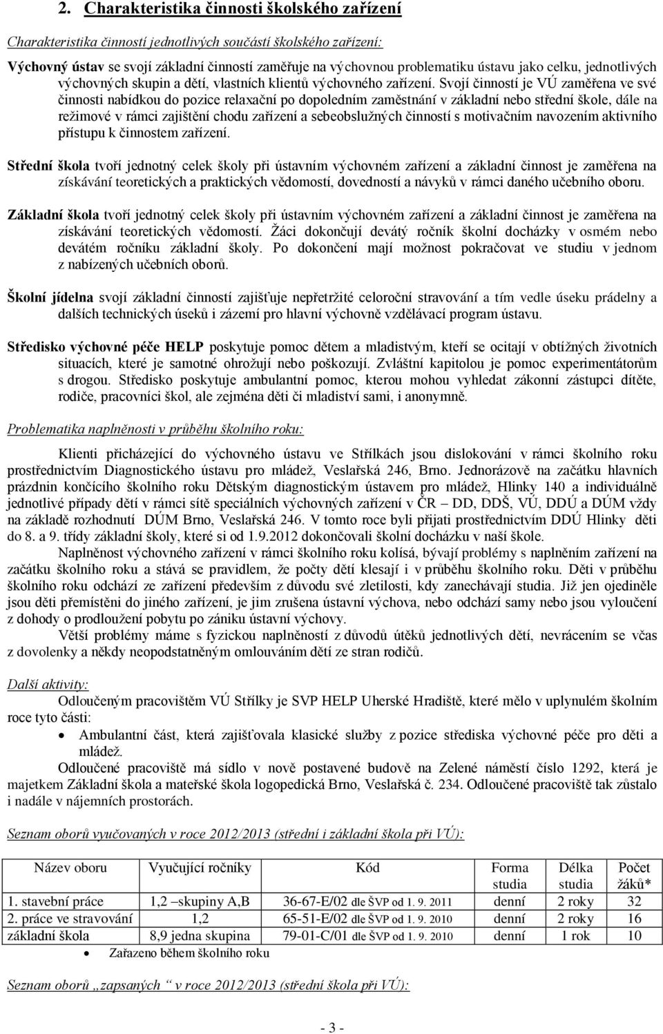 Svojí činností je VÚ zaměřena ve své činnosti nabídkou do pozice relaxační po dopoledním zaměstnání v základní nebo střední škole, dále na režimové v rámci zajištění chodu zařízení a sebeobslužných