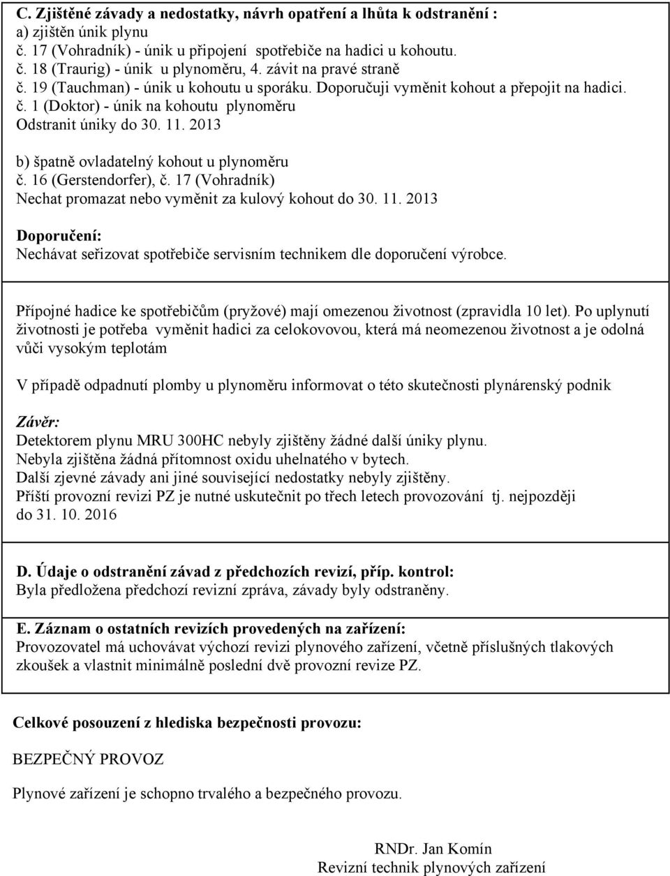 2013 b) špatně ovladatelný kohout u plynoměru č. 16 (Gerstendorfer), č. 17 (Vohradník) Nechat promazat nebo vyměnit za kulový kohout do 30. 11.