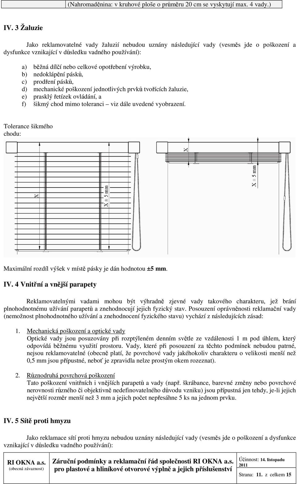 výrobku, b) nedoklápění pásků, c) prodření pásků, d) mechanické poškození jednotlivých prvků tvořících žaluzie, e) prasklý řetízek ovládání, a f) šikmý chod mimo toleranci viz dále uvedené vyobrazení.