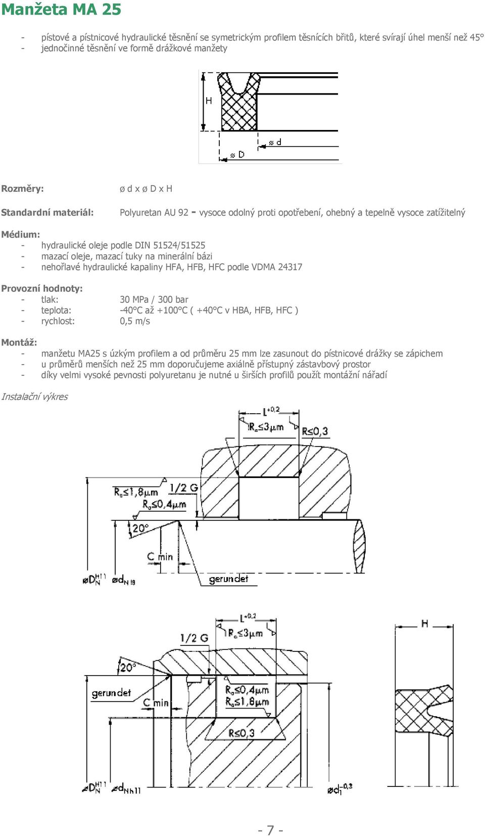 bar - teplota: -40 C až +100 C ( +40 C v HBA, HFB, HFC ) - manžetu MA25 s úzkým profilem a od průměru 25 mm lze zasunout