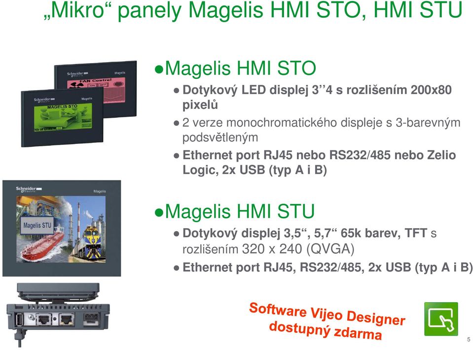 nebo RS232/485 nebo Zelio Logic, 2x USB (typ A i B) Magelis HMI STU Dotykový displej 3,5, 5,7