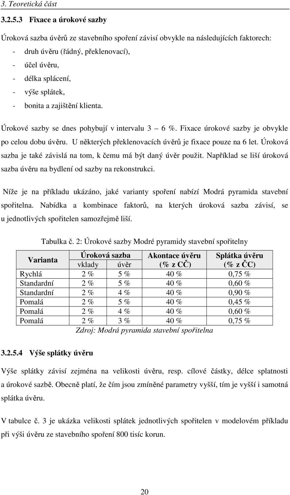 bonita a zajištění klienta. Úrokové sazby se dnes pohybují v intervalu 3 6 %. Fixace úrokové sazby je obvykle po celou dobu úvěru. U některých překlenovacích úvěrů je fixace pouze na 6 let.