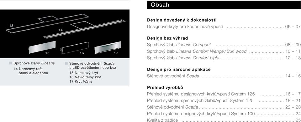 .. 10 11 Sprchový žlab Linearis Comfort Light... 12 13 Design pro náročné aplikace Stěnové odvodnění Scada... 14 15 Přehled výrobků Přehled systému designových krytů/vpustí System 125.