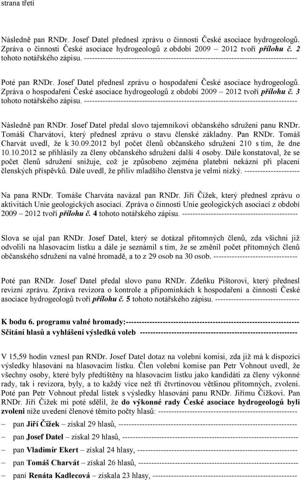 Zpráva o hospodaření České asociace hydrogeologů z období 2009 2012 tvoří přílohu č. 3 tohoto notářského zápisu.